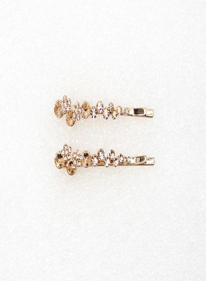 Faship A Pair Of Champagne Premium Rhinestone Crystal Floral Hair Clips Pins 2 Pcs - Image 2